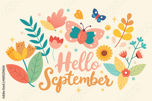 Whimsical Hello September Illustration with Flowers, Butterflies, and Autumnal Colors for Greeting Card Designs