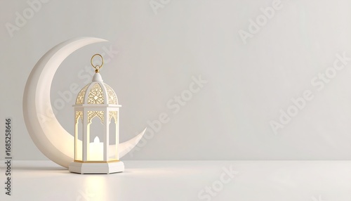 White lantern and crescent moon on a white background