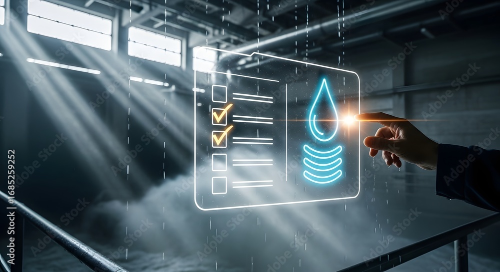 Naklejka premium Water quality assessment interface with checklist and droplet icons, sustainable resource management concept.