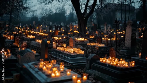 Eerie graveyard scene at twilight with countless candles illuminating tombstones, reflecting on