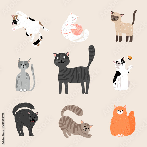 Collection of cute cartoon cat characters vector set