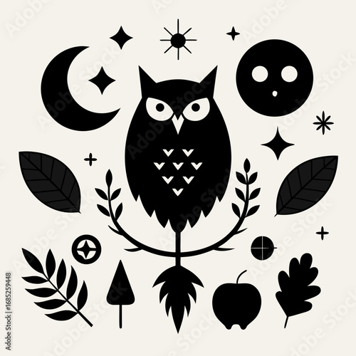 Whimsical black owl surrounded by celestial and nature elements on a cream background