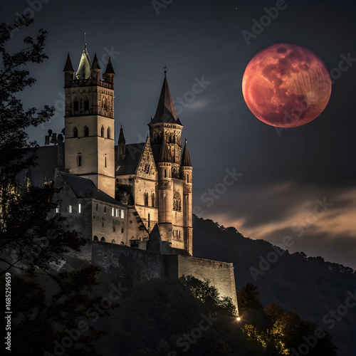 Majestic Castle Under Crimson Moon: A Nighttime Architectural Wonder