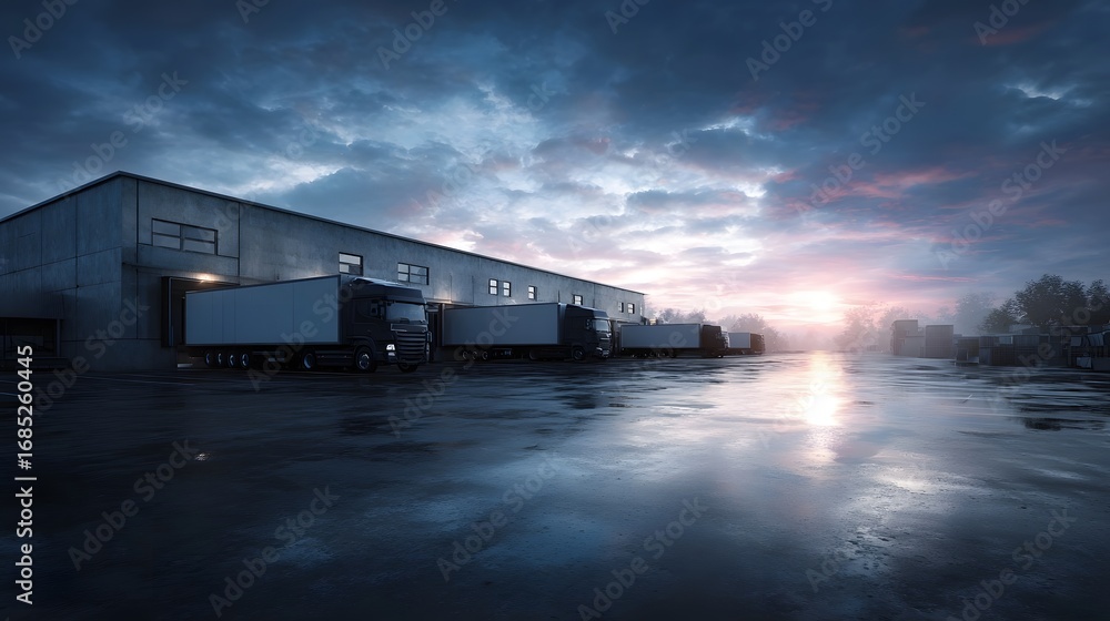 Fototapeta premium Delivery trucks parked at a large industrial warehouse loading dock at dawn with a dramatic sky and wet reflective ground