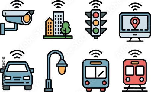 Smart city wireless icons, connected technology symbols, IoT city elements, smart traffic lights, wireless surveillance camera, smart public transport icons, digital city concept