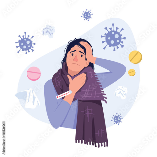 Woman feeling sick and feverish with cold symptoms