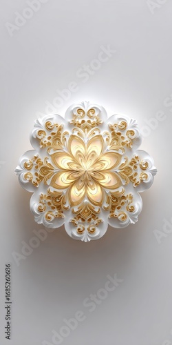 Ornate, symmetrical floral design in white and gold, illuminated from within, creates a decorative wall accent.