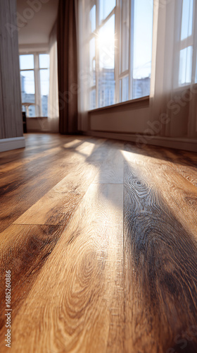 High-quality photo of low angle shot focuses on luxury vinyl plank flooring inside home. Floor wood planks create warm, cozy ambiance in house interior. Laminate parquet design.