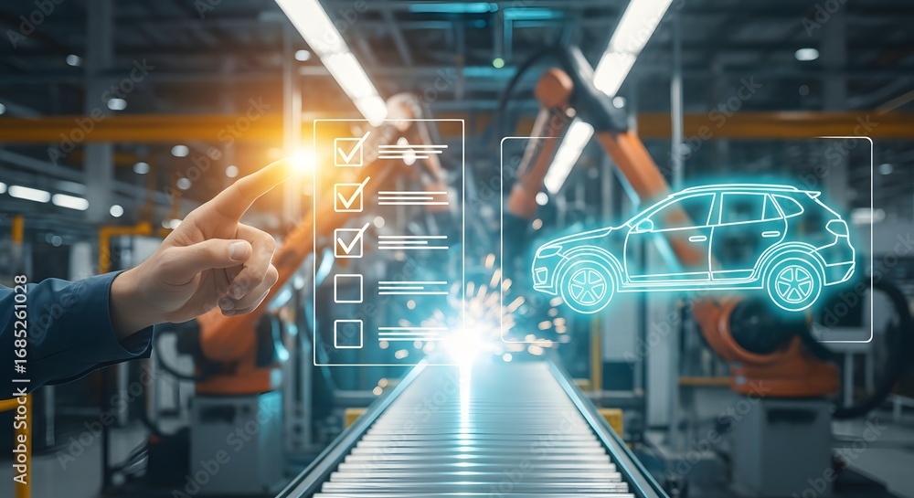 © Batoor - Automotive manufacturing quality control concept with digital interface and robotic assembly line. © Batoor - Automotive manufacturing quality control concept with digital interface and robotic assembly line.