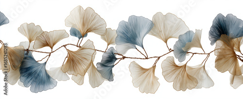 Decorative ginkgo leaf garland with blue and gold leaves on white background