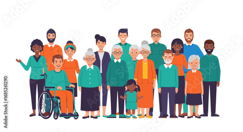 Diverse group of people standing together, including young, old, and disabled, representing a community or family.