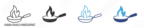 Frying Pan with Flaming Fire icon set, Vector Illustration