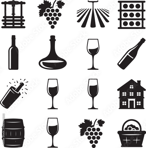 Collection of wine making and vineyard icons with grapes and wine bottles Keywords: wine press