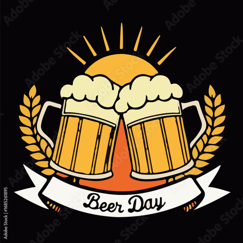 Cartoon vector illustration of two beer mugs clinking together with frothy foam, wheat decoration, and a rising sun background. Designed with a ribbon banner reading "Beer Day," perfect for pubs, bars