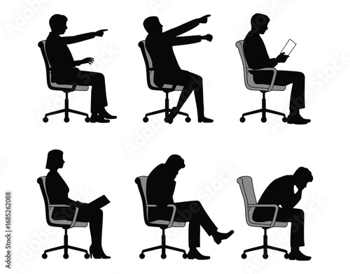 Silhouettes of six seated individuals in office chairs, illustrating varied postures and behaviors from engagement to fatigue and contemplation