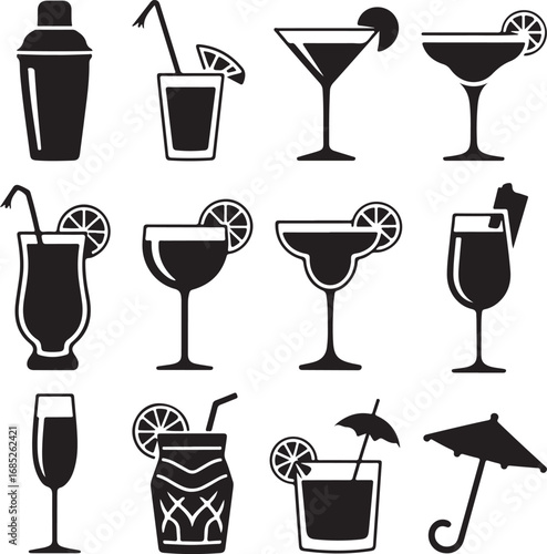 Variety of black silhouette icons featuring cocktails and bar accessories drink beverage