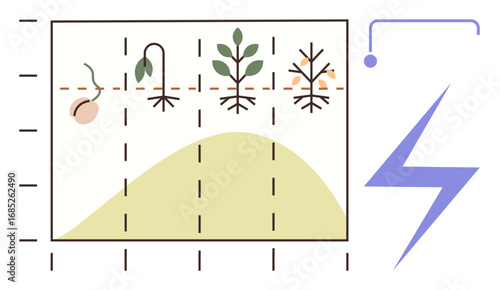 Growth progression of a plant from seed to maturity shown on a timeline graph. Lightning suggests energy, impact, or challenges. Ideal for growth, biology, lifecycle, sustainability, science