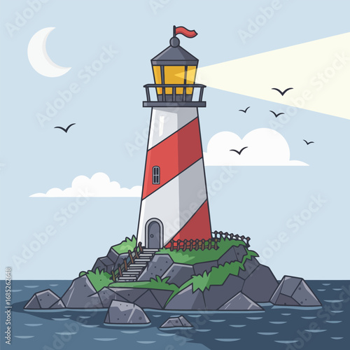 Lighthouse beaming light over ocean waters at night