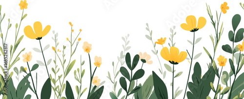 Wallpaper Mural Delicate watercolor illustration of a vibrant field of yellow wildflowers and green foliage on white background Torontodigital.ca