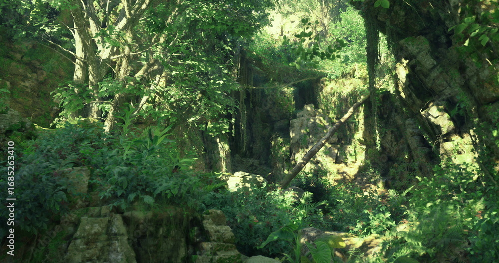 Fototapeta premium A vibrant forest setting filled with dense trees, lush foliage, and rugged rock formations. Sunlight filters through the leaves, illuminating the rich greenery and tranquil atmosphere.