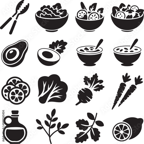Black and white icons of salad ingredients and serving utensils food healthy