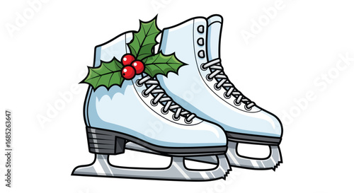 A pair of white figure ice skates decorated with a festive sprig of Christmas holly.