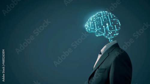 A figure in a business suit with a glowing, digital circuit board brain representing artificial intelligence.