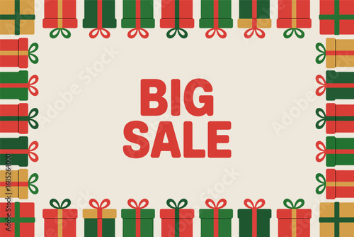 Festive holiday sale announcement framed by colorful gift boxes and bows
