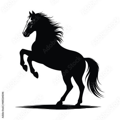 Silhouette of rearing horse with flowing mane and tail, symbolizing strength, freedom, and dynamic motion in minimalist design