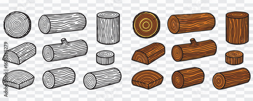 Hand-Drawn Wooden Log Set – Cartoon & Realistic Styles and Wooden Log Illustration Bundle – Free & Premium Use