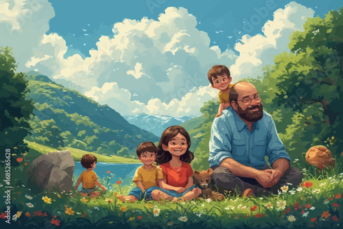 A family enjoying a peaceful day in nature, surrounded by flowers and greenery.
