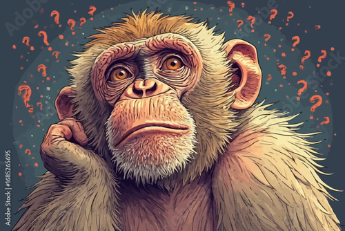 A thoughtful chimpanzee surrounded by question marks, deep in contemplation.