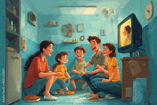 Family watching TV together in a blue room, smiling and enjoying each other's company.