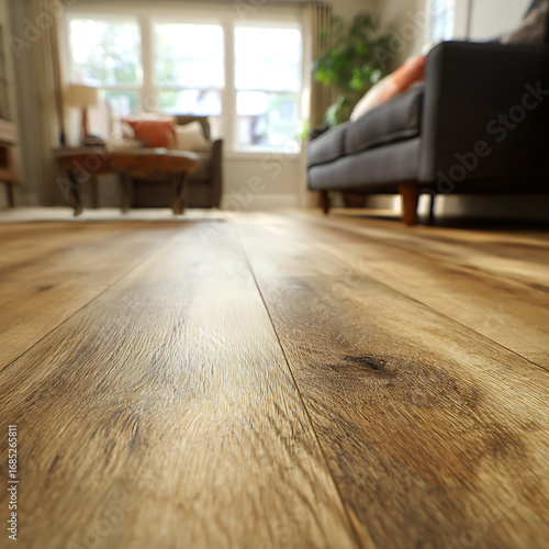 High-quality photo of low angle shot focuses on luxury vinyl plank flooring inside home.