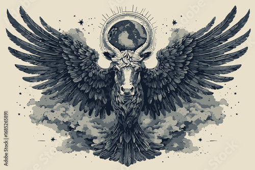 Winged bull with halo, a symbolic and mythological illustration in monochrome.