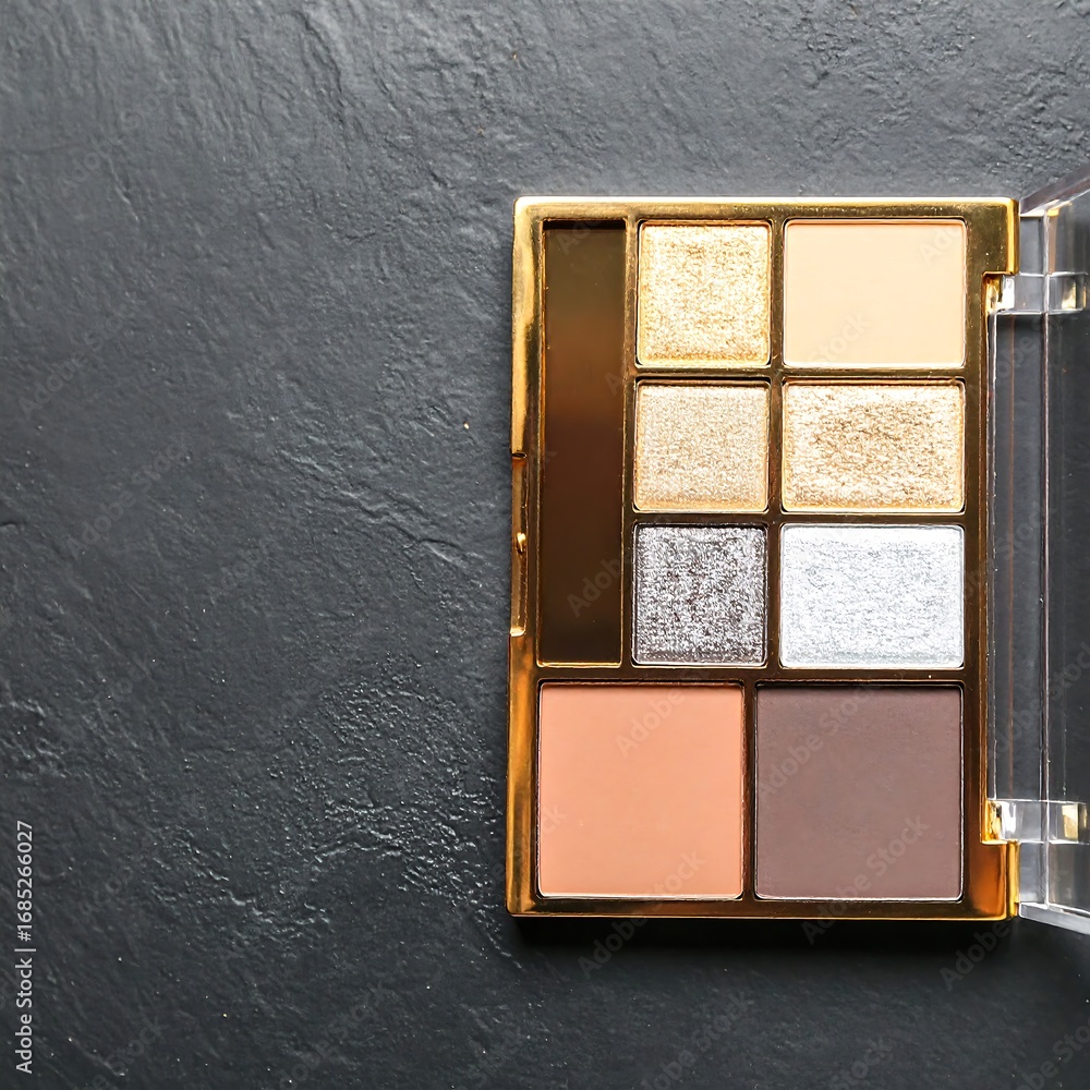 Fototapeta premium Gold-toned makeup palette with various shades of eyeshadow, blush, and highlighter on dark grey stone