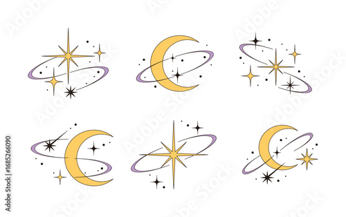Celestial moon and star icons with orbit rings. Mystic space elements in yellow, black, and purple. Boho cosmic symbols, perfect for astrology, magic, and galaxy designs.