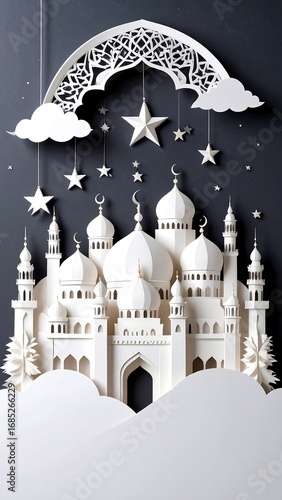 White paper cut mosque, stars, clouds, arch