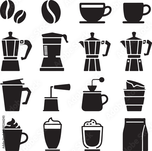 Coffee icons set with beans moka pots cups and coffee makers espresso maker french press
