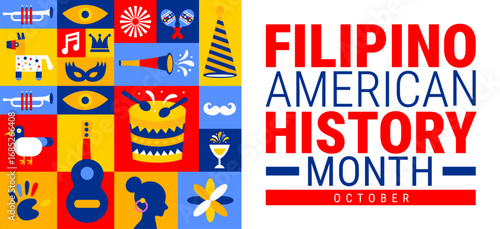 Filipino American History Month Geometric shape pattern background, banner, card or poster design template is observed every year during October, to raise awareness about the mission. Vector 