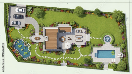 House Design Plan Top View | Detailed Layout with Courtyard, Lawn, Garage, Garden, and Pool
