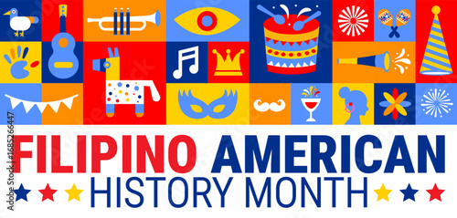 Filipino American History Month Geometric shape pattern background, banner, card or poster design template is observed every year during October, to raise awareness about the mission. Vector 
