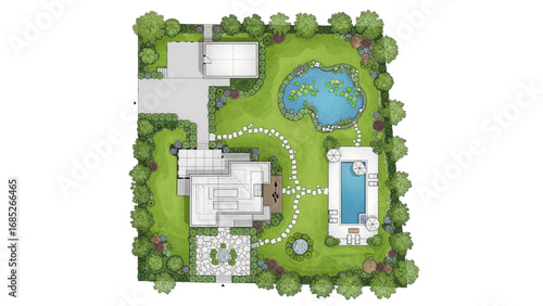 House Design Plan Top View | Detailed Layout with Courtyard, Lawn, Garage, Garden, and Pool