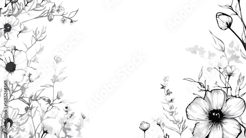 Delicate black and white floral border design with anemone flowers and greenery