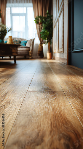 High-quality photo of low angle shot focuses on luxury vinyl plank flooring inside home. Floor wood planks create warm, cozy ambiance in house interior. Laminate parquet design.