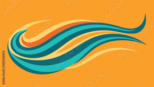 Stylized Flowing Waves or Hair Strands in Teal Orange and Yellow on Orange Background Keywords: stylized, flowing, waves, hair, strands, teal, orange, yellow, cream, abstract, modern, graphic