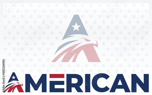 Word mark logo formed eagle head in letter A with blue and red color