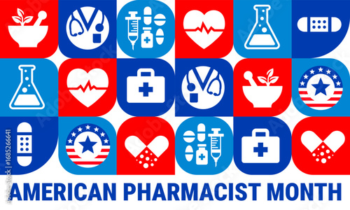 American Pharmacist Month Geometric shape pattern background, banner, card or poster design template is observed every year during October, to raise awareness about the mission. Vector illustration.