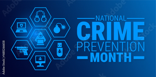 National Crime Prevention Month blue color technology concepts background, banner, card or poster design template is observed every year during October, to raise awareness about the mission. Vector
