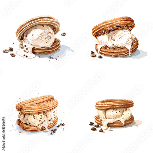 Delicious watercolor churro ice cream sandwich with cream filling and chocolate sprinkles. Perfect for dessert menus, cafe posters, and sweet packaging.